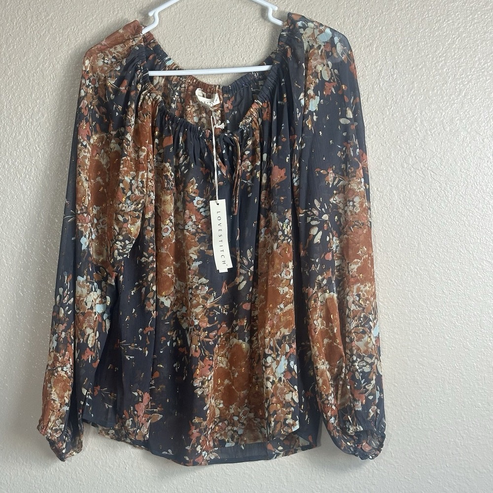 Love Stitch Semi Sheer Boho Peasant Sleeve Tie Metallic Thread Fairy Top SZ M/L
